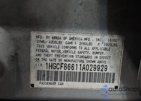 2001 Honda Accord Value Package from USA, damaged, VIN 1HGCF86611A029929